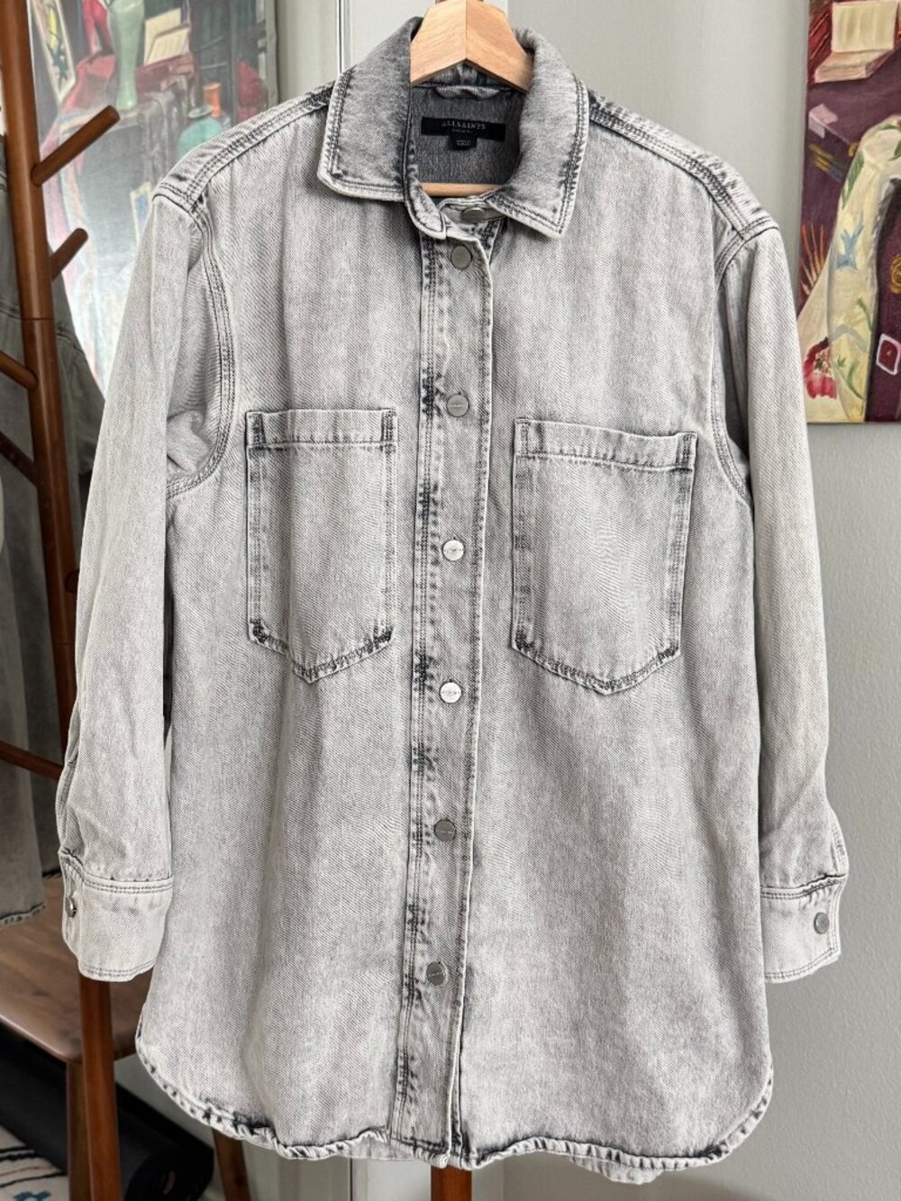 AllSaints Women’s Oversized Grey Denim Shirt Dress Shacket Size M